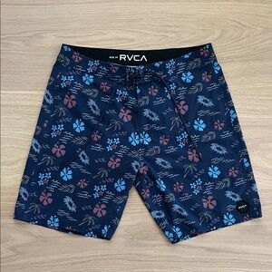 RVCA Navy Blue and Maroon Floral Swim Shorts